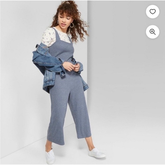 Wild Fable Blue Strappy Square Neck Ribbed Cropped Wide Leg Jumpsuit Size Large - Picture 1 of 9
